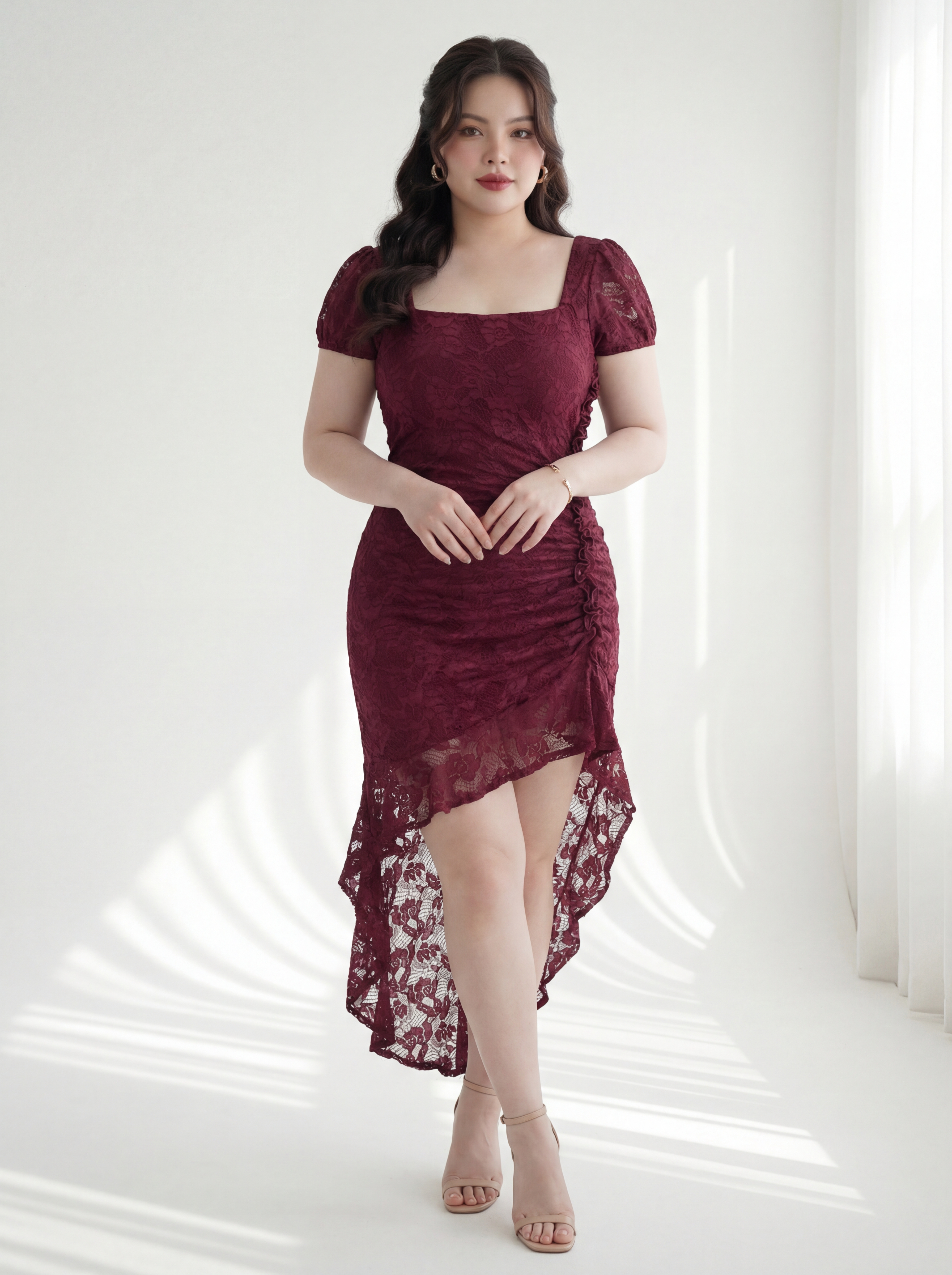 Đầm Ren Nhún Eo Bigsize Cổ Vuông Tay Phồng Dáng Dài Tà Xéo - Đỏ - Vừa 55–95kg - V-DA216_thumbnail_9