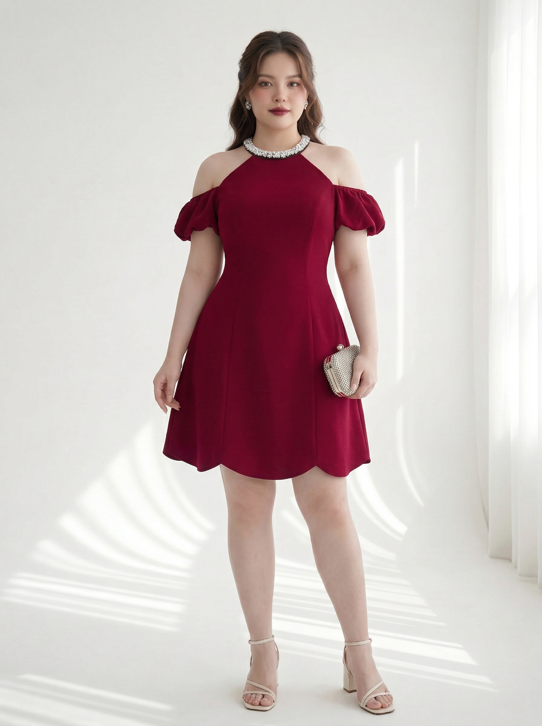 Đầm Cotton Hàn Cổ Cườm Bigsize Dáng A Tay Bồng Lót Lụa - Đỏ - Vừa 55–95kg - V-DA196_thumbnail_8
