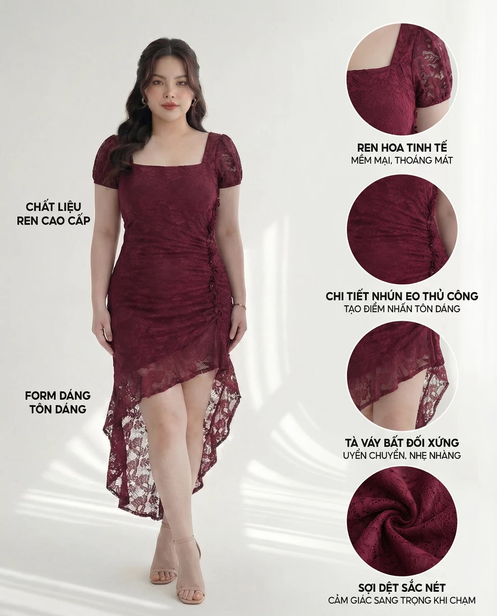 Đầm V-DA216 với chú thích: ren hoa mềm thoáng, nhún eo, tà váy bất đối xứng, sợi dệt sắc nét