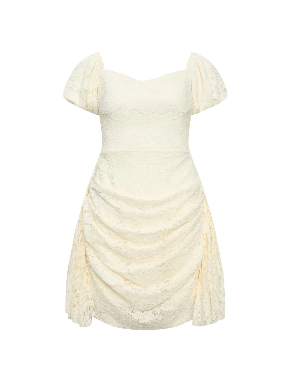 Mặt trước đầm V-DA217 dựng form: tay phồng, nhún hông, vạt rũ