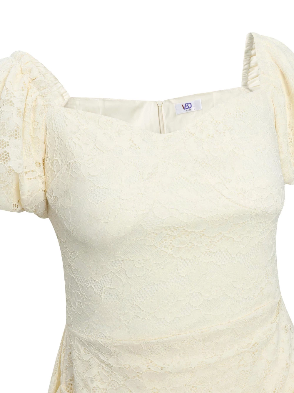 Cận cổ tim, tay phồng và ren thân trên của đầm V-DA217