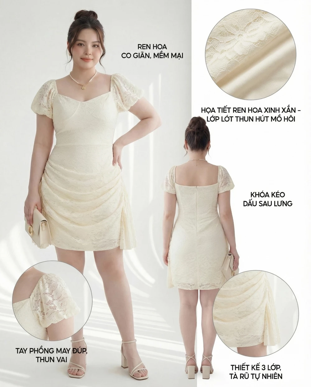Ảnh chú thích đầm V-DA217 trên người mẫu: ren hoa co giãn, lót thun, tay phồng thun vai, khóa kéo sau, 3 lớp, tà rũ