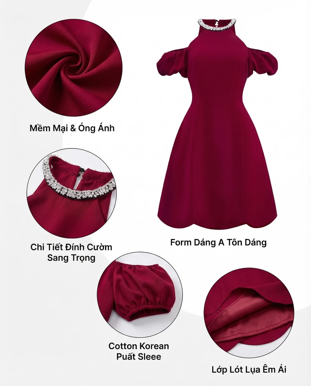 Ảnh chú thích đầm V-DA196: chất vải ánh nhẹ, cổ đính cườm, tay bồng bo chun, lớp lót lụa