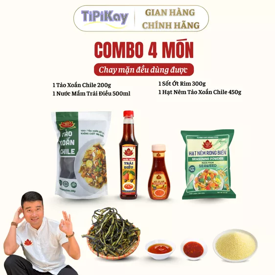 Product image - [Combo 4 món] 1 Tảo Xoắn Chile 200G + 1 Nước Mắm Trái Điều 500ml + 1 Sốt Ớt Rim Hương Quê 300G + 1 Hạt Nêm Rong Biển 450G