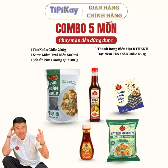 Product image - [Combo 5 món] 1 Tảo Xoắn Chile 200G + 1 Hạt Nêm Rong Biển 450G + 1 Nước Mắm Trái Điều 500ml + 1 Sốt Ớt Rim Hương Quê 300G + 1 Thanh Rong Biển Hạt 8 Thanh