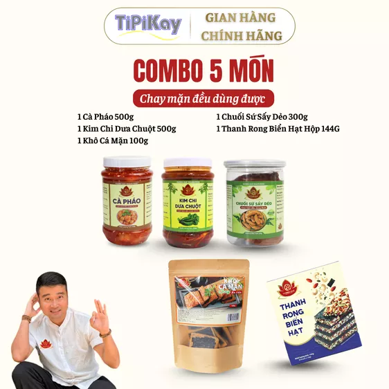 Product image - [Combo 5 món] 1 Cà Pháo 500g + 1 Kim Chi Dưa Chuột 500g + 1 Khô Cá Mặn 100g + 1 Chuối Sứ Sấy Dẻo 300g + 1 Thanh Rong Biển Hạt Hộp 144G