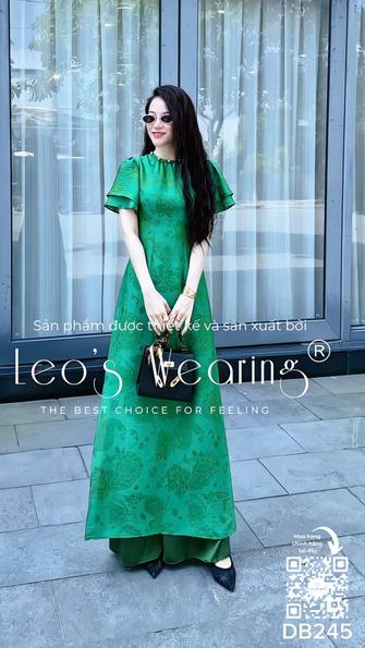 Product image - DB245-Áo dài gấm tencel cổ tròn đính ngọc, tay ngắn xếp tầng+Quần lụa xanh