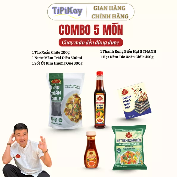 Product image - [Combo 5 món] 1 Tảo Xoắn Chile 200G + 1 Hạt Nêm Rong Biển 450G + 1 Nước Mắm Trái Điều 500ml + 1 Sốt Ớt Rim Hương Quê 300G + 1 Thanh Rong Biển Hạt 8 Thanh