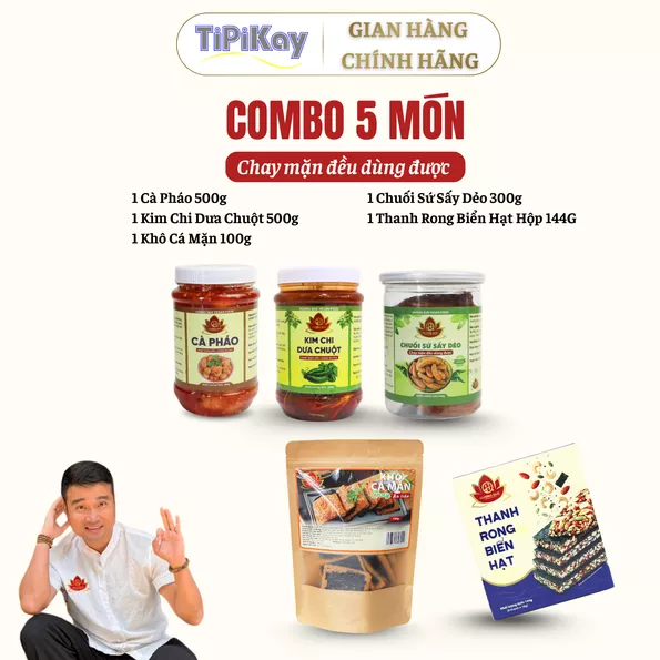 Product image - [Combo 5 món] 1 Cà Pháo 500g + 1 Kim Chi Dưa Chuột 500g + 1 Khô Cá Mặn 100g + 1 Chuối Sứ Sấy Dẻo 300g + 1 Thanh Rong Biển Hạt Hộp 144G