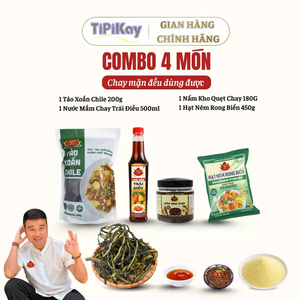 Product image - [Combo 4 món] 1 Tảo Xoắn Chile 200g + 1 Nước Mắm Chay Trái Điều 500ml + 1 Nấm Kho Quẹt Chay 180G + 1 Hạt Nêm Rong Biển 450g