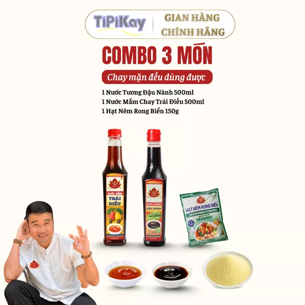 Product image - [Combo 3 món] 1 Nước Tương Đậu Nành 500ml + 1 Nước Mắm Chay Trái Điều 500ml + 1 Hạt Nêm Rong Biển 150g