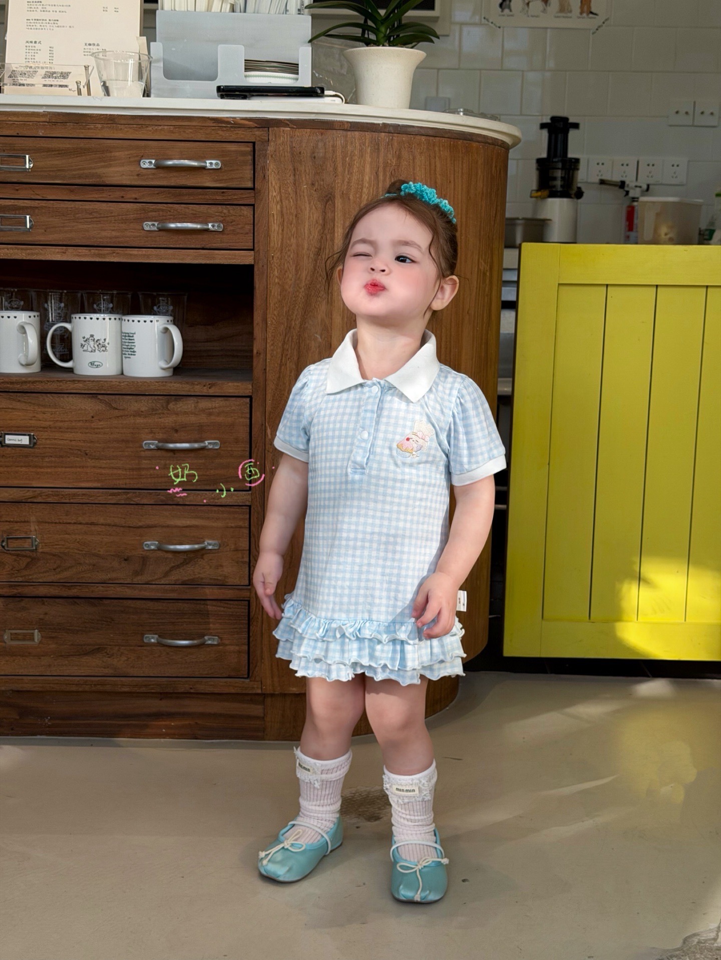 váy polo kẻ xanh tay bồng naixiaoxi