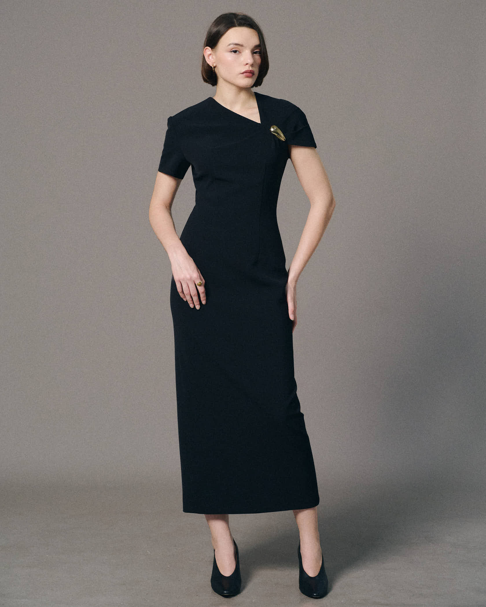 Asymmetric Brooch Midi Dress