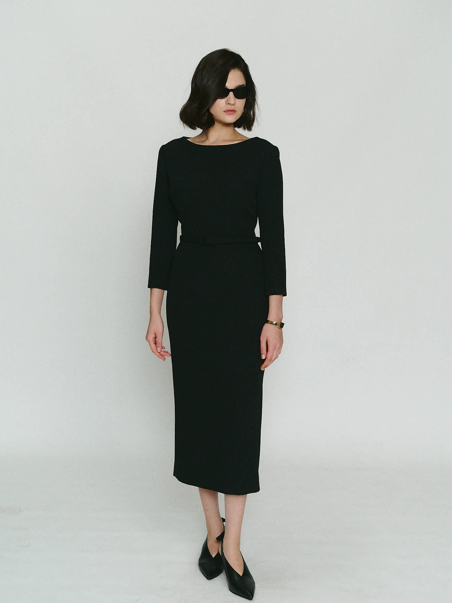 Boat-neck three-quarter-sleeve dress