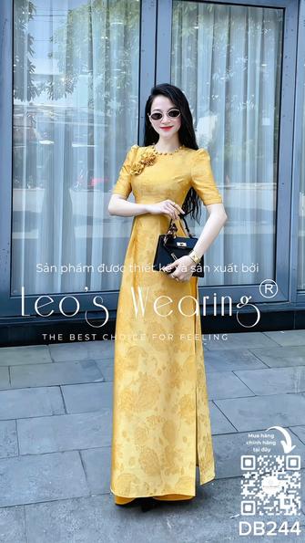 Product image - DB244-Áo dài gấm tencel cổ tròn đính nút, đính hoa, tay ngắn+Quần lụa vàng