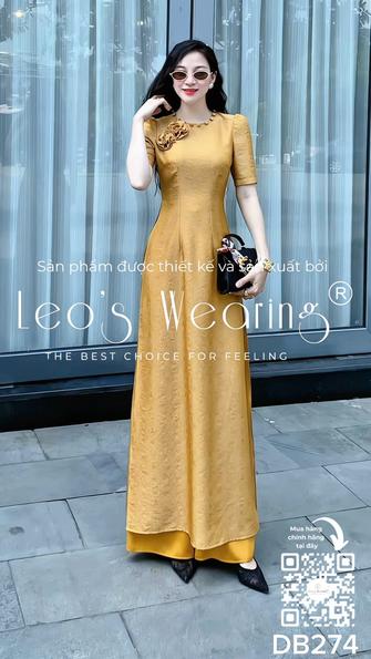 Product image - DB274-Áo dài gấm tencel cổ tròn đính nút, đính hoa, tay ngắn+Quần lụa vàng