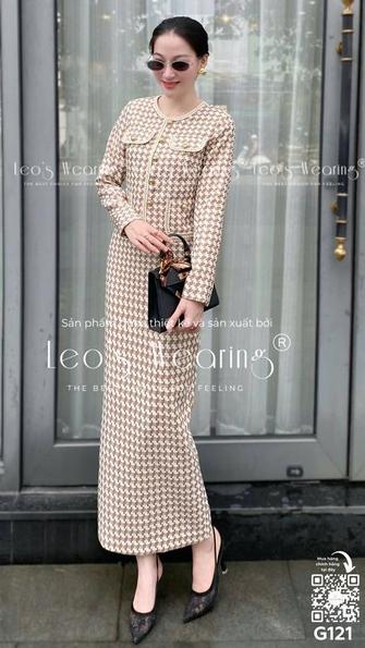 Product image - G261-Set áo dạ tweed cổ tròn túi đứng, tay dài+Chân váy dài nâu