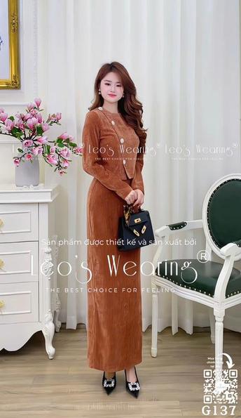 Product image - G265-Set áo nhung tăm cổ tròn cúc chéo, tay dài+Chân váy nâu cam