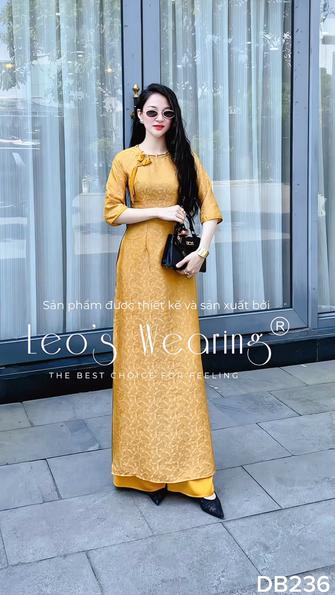 Product image - DB236-Áo dài gấm tencel cổ tròn thắt dây đính hoa, tay lửng+Quần lụa vàng