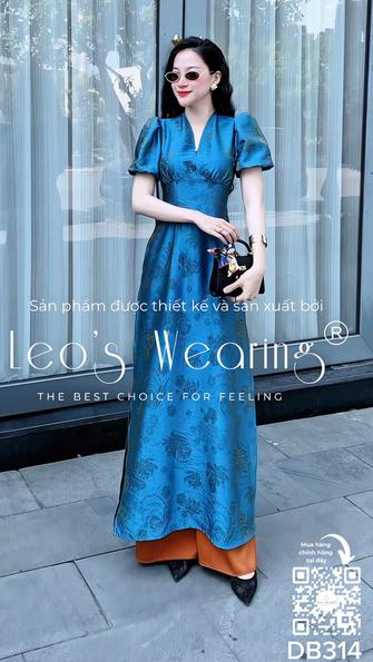 Product image - DB314-Áo dài gấm tencel cổ V đính ngọc, tay ngắn bồng xanh+Quần lụa nâu
