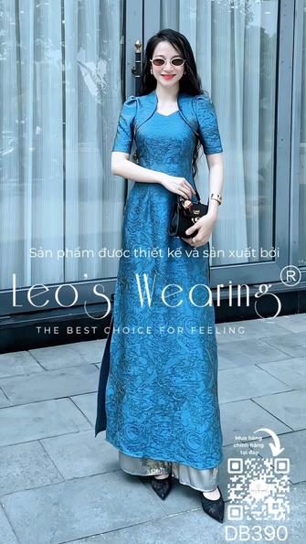 Product image - DB390-Áo dài tơ tằm tencel cổ nữ hoàng, tay ngắn xanh lam+Quần nhũ xanh bạc