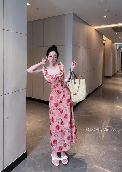 Product image - Váy hoa tơ ép cao cấp phối ren nhẹ nhàng xinh xắn màu Hồng