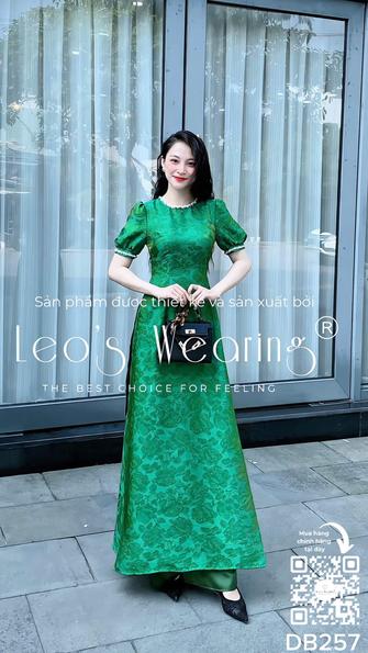 Product image - DB257-Áo dài tơ tằm tencel cổ tròn, tay ngắn phối viền ngọc+Quần lụa xanh