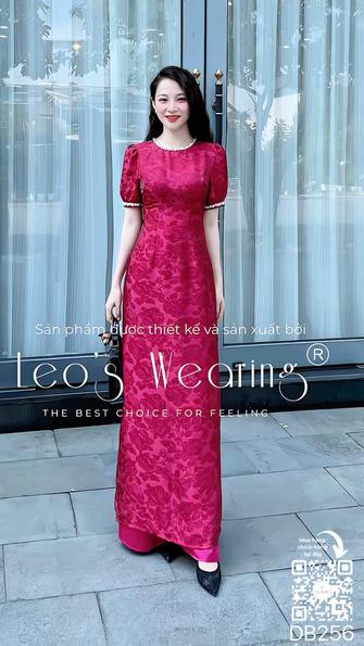 Product image - DB256-Áo dài gấm tencel cổ tròn, tay ngắn phối viền ngọc+Quần lụa hồng