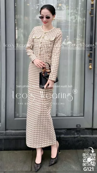 Product image - G261-Set áo dạ tweed cổ tròn túi đứng, tay dài+Chân váy dài nâu