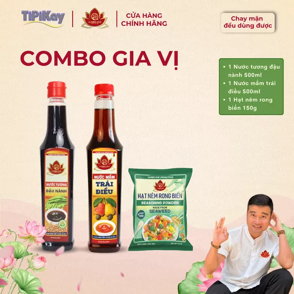 Product image - [Combo 3 món] 1 Nước Tương Đậu Nành 500ml + 1 Nước Mắm Chay Trái Điều 500ml + 1 Hạt Nêm Rong Biển 150g