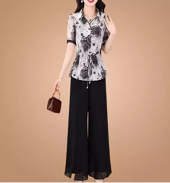 18371-Set áo mango hoa 3D phối quần ống rộng xẻ tà