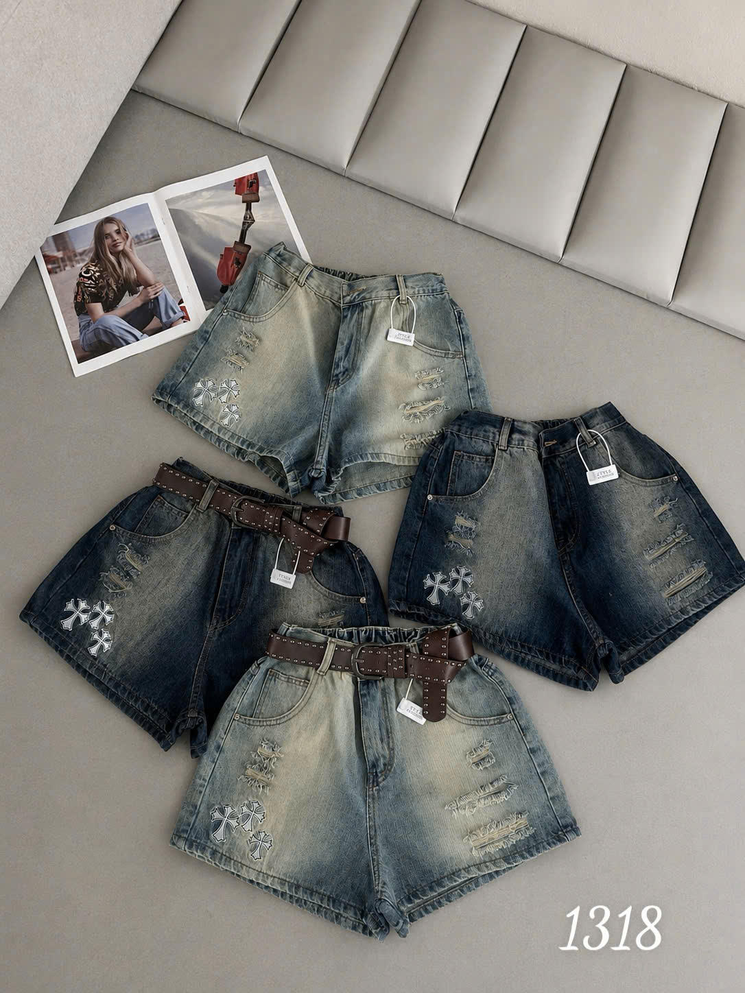 Quần short jean bigsize QSJ1318 hai màu xanh đậm và xanh bụi với chi tiết rách thêu chữ thập
