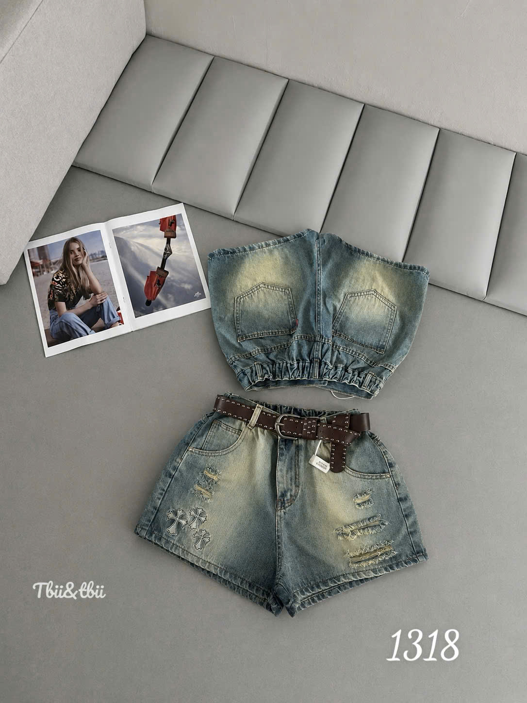 Mặt trước và mặt sau quần short jean bigsize QSJ1318 màu xanh bụi lưng thun