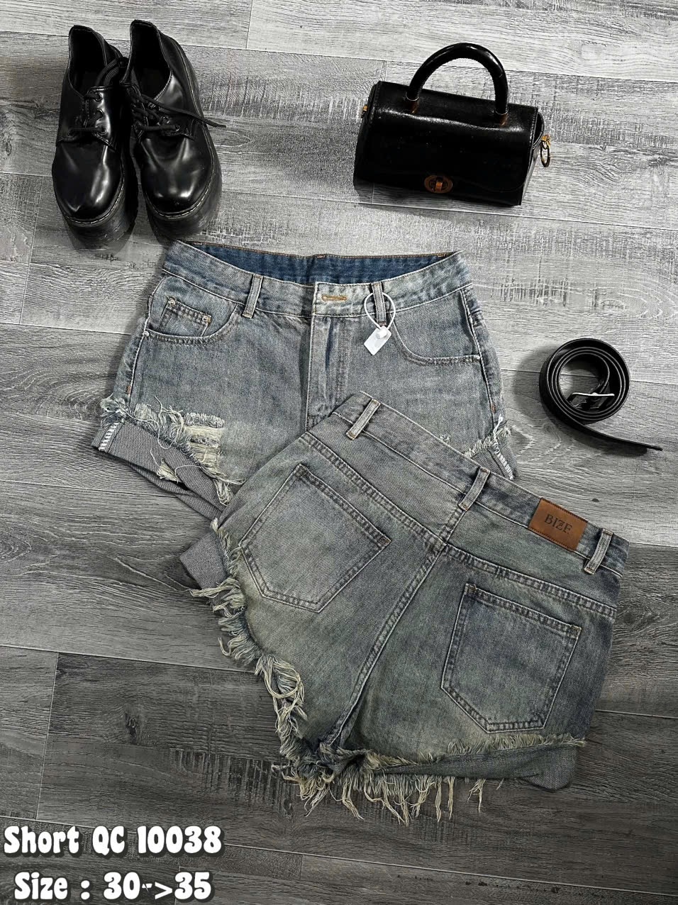 Quần short jean rách bigsize T-QSJ10038 màu xám wash ảnh tổng quan mặt trước và mặt sau