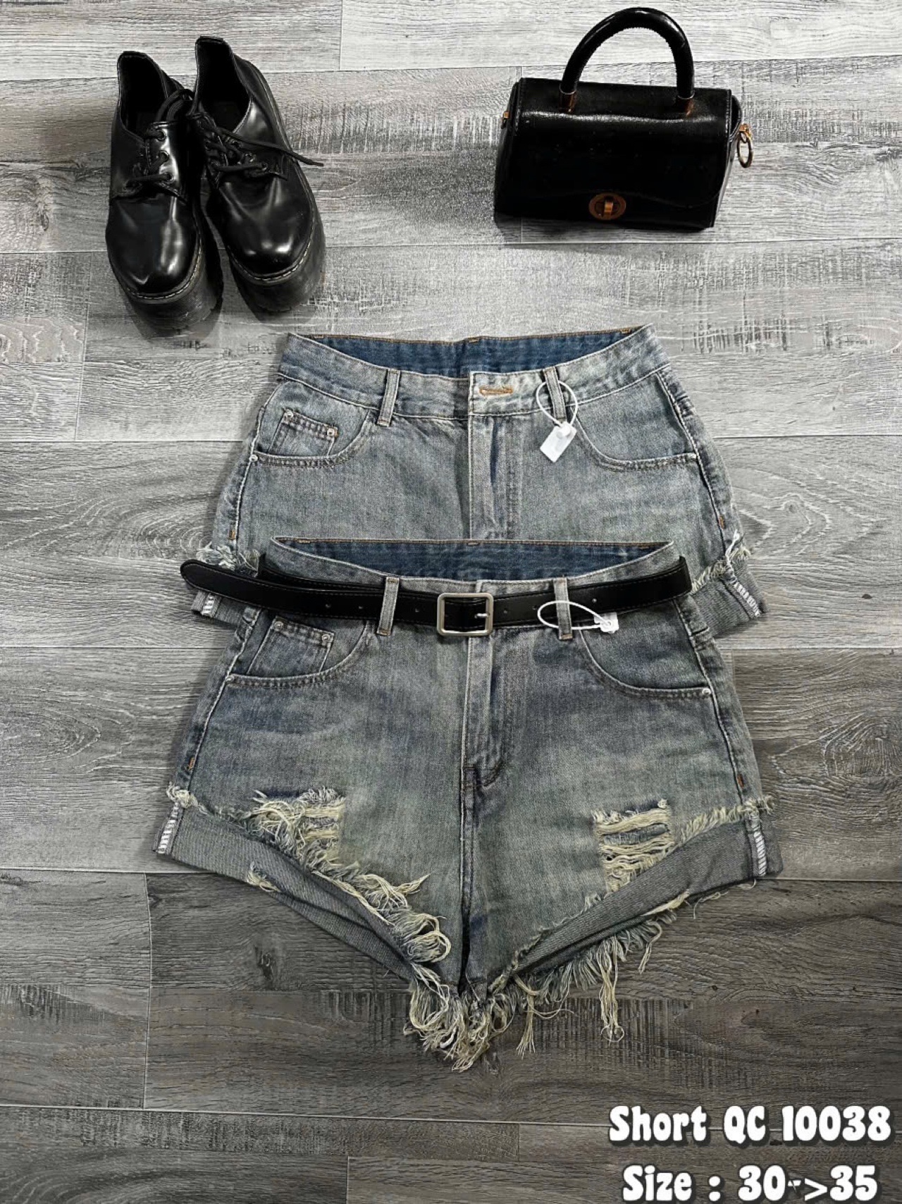Quần short jean rách bigsize T-QSJ10038 cạp cao phối thắt lưng ảnh thân trước