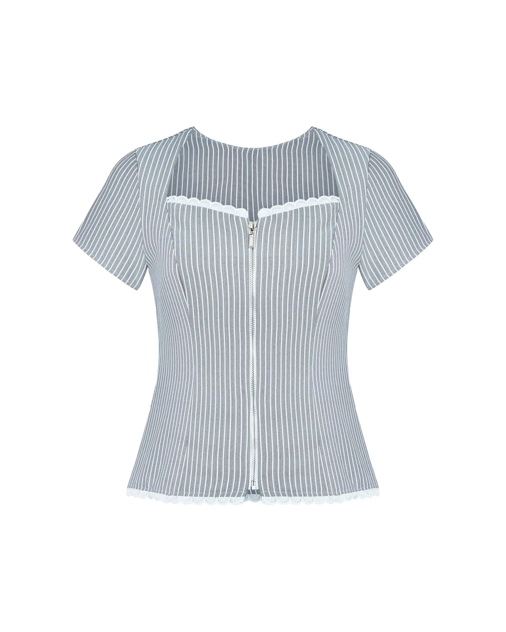 Mặt trước áo V-AK107 dựng form: cổ vuông viền ren, khóa kéo giữa thân, lai viền ren