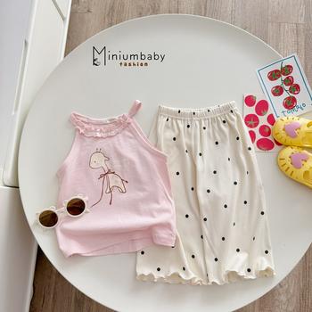 Bộ sát nách quần dài bé gái không cổ in hình