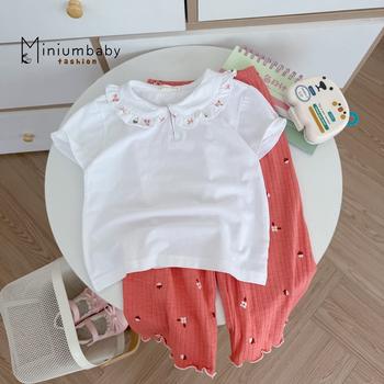 Bộ cộc quần dài bé gái có cổ in hình