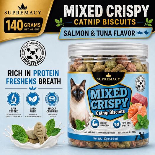 Product image - Crispy Catnip Biscuits for Cats  - Salmon and Tuna (Mixed Flavor)