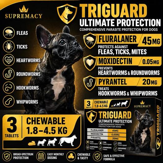 Product image - TriGuard Total Protection for Dogs - Fluralaner - Moxidectin - Pyrantel - Flea - Tick and Dewormer