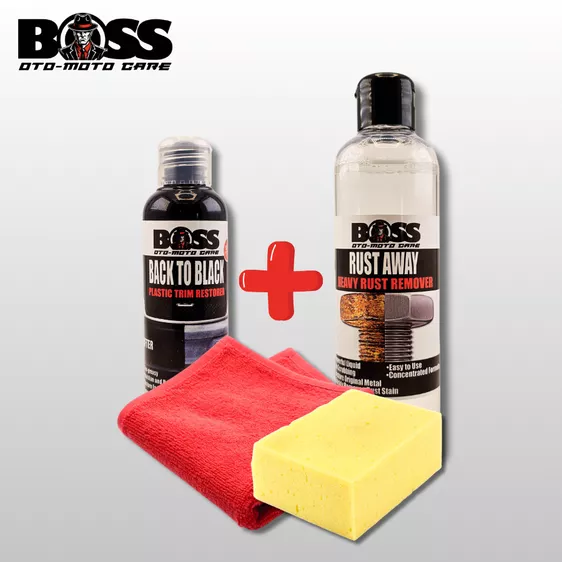 Product image - BOSS BACK TO BLACK + RUST AWAY PLASTIC RIM RESTORER AND RUST REMOVER SPRAY