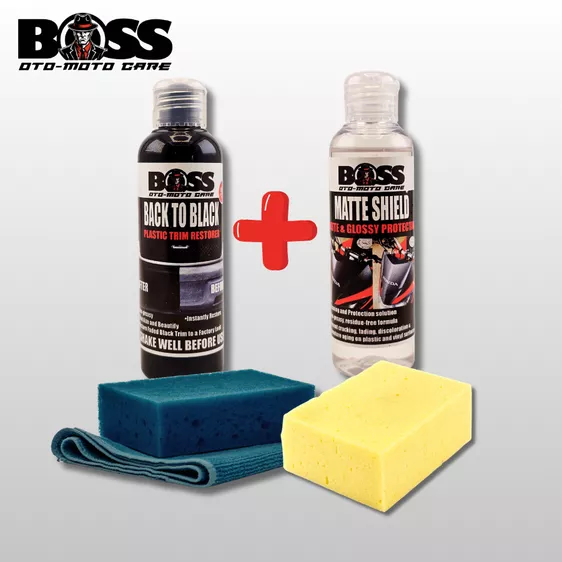 Product image - 65ML BOSS BACK TO BLACK & MATTE SHIELD KIT FOR MOTORCYCLE CAR PLASTIC RESTORER PERMANENT SOLUTION
