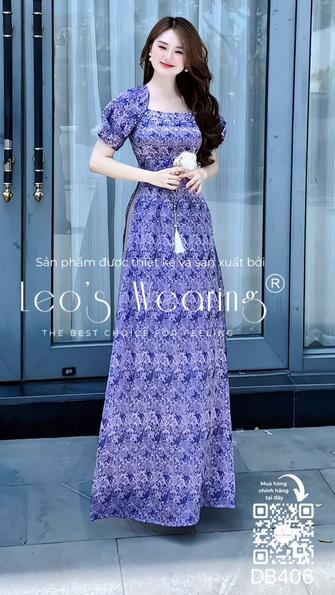 Product image - DB406-Áo dài lụa cổ nữ hoàng, tay ngắn phồng nhẹ+Quần nhũ tím