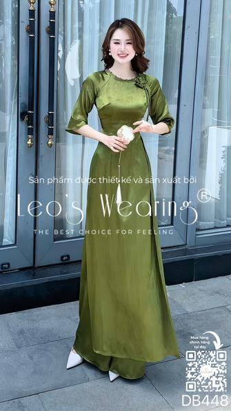 Product image - DB448-Áo dài lụa thạch anh cổ tròn thắt dây đính hoa, tay lửng+Quần lụa xanh