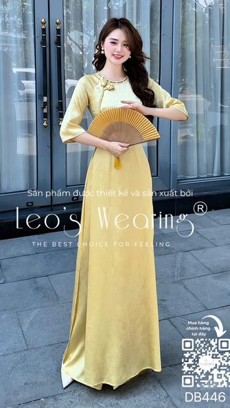 Product image - DB446-Áo dài lụa thạch anh cổ tròn thắt dây đính hoa, tay lửng+Quần lụa vàng