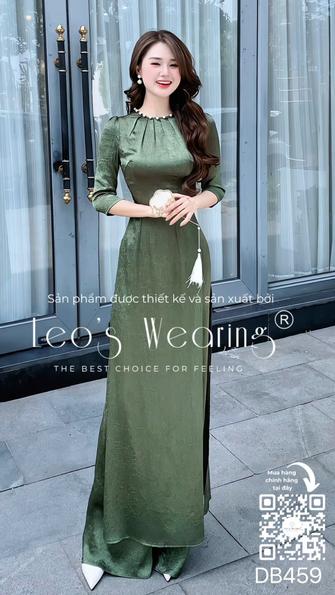 Product image - DB459-Áo dài lụa thạch anh cổ tròn đính ngọc, tay lửng+Quần lụa xanh