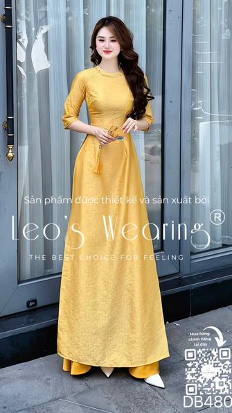 Product image - DB480-Áo dài gấm tencel cổ tròn đính ngọc, tay lửng+Quần lụa vàng