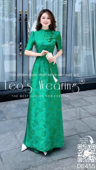 Product image - DB455-Áo dài gấm tencel cổ trụ đính hoa, tay ngắn+Quần lụa xanh
