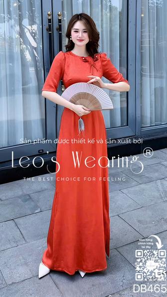 Product image - DB465-Áo dài lụa thạch anh cổ tròn đính hoa, tay lửng+Quần lụa cam