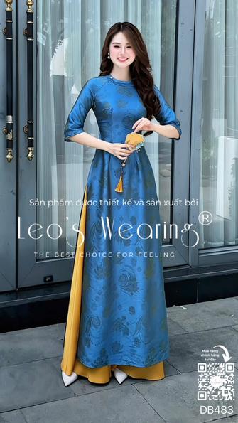 Product image - DB483-Áo dài gấm tencel cổ tròn đính ngọc, tay lửng xanh+Quần lụa vàng